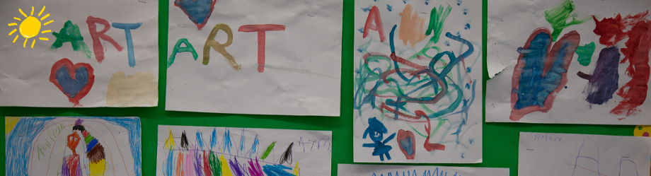 Children's watercolor artwork appears on a green wall