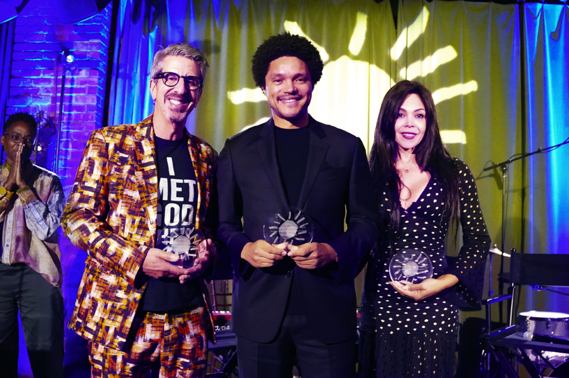 2024 National Arts for Learning Award recipients Jason Flom, Trevor Noah, and Khaliah Ali, with special guest Jacqueline Woodson
