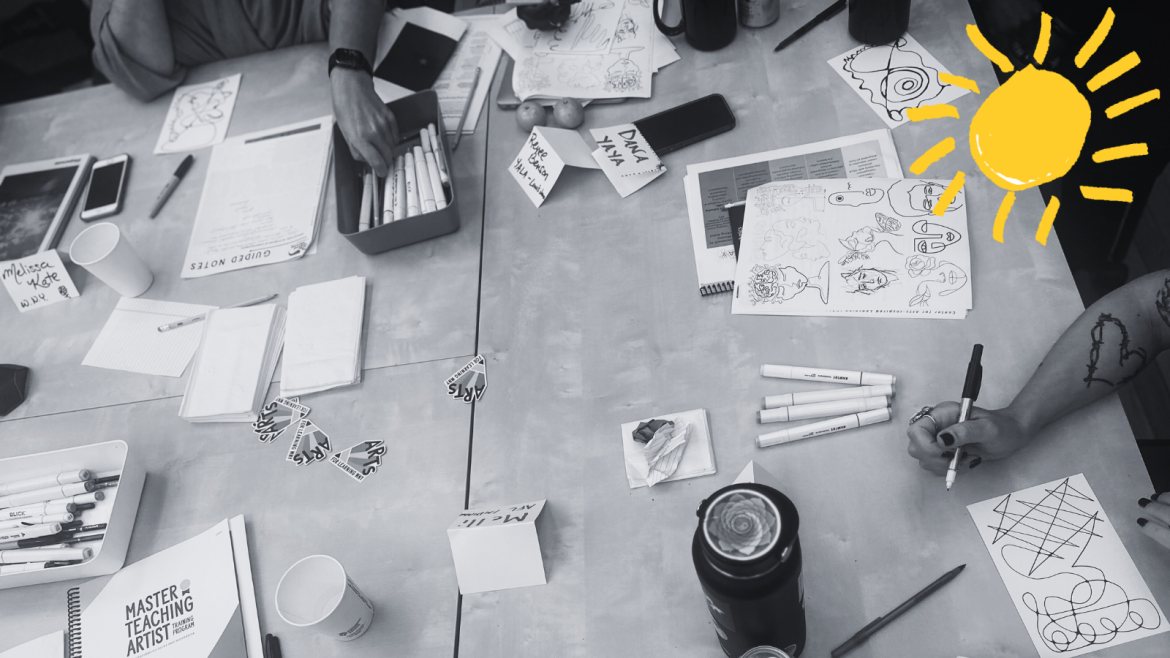 Black and white photo of table-top activities